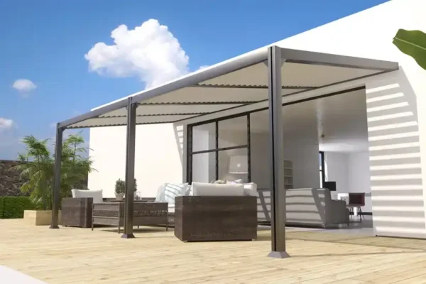 Pergola adossée bioclimatique 3x6 toit incliné aluminium CANBERRA - Couleurs du monde
