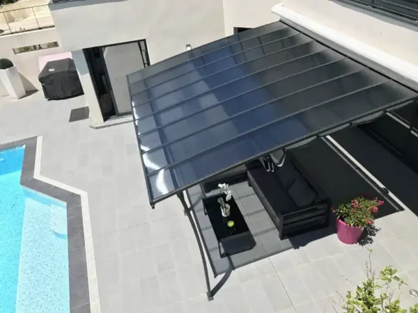 Pergola adossée polycarbonate et aluminium + toile coulissante 3.5x4M OSLO - Couleurs du monde (Vue du dessus)_4