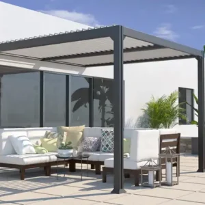 Pergola aluminium 3x3 adossée bioclimatique toit plat MIAMI - Couleurs du monde (ambiance)