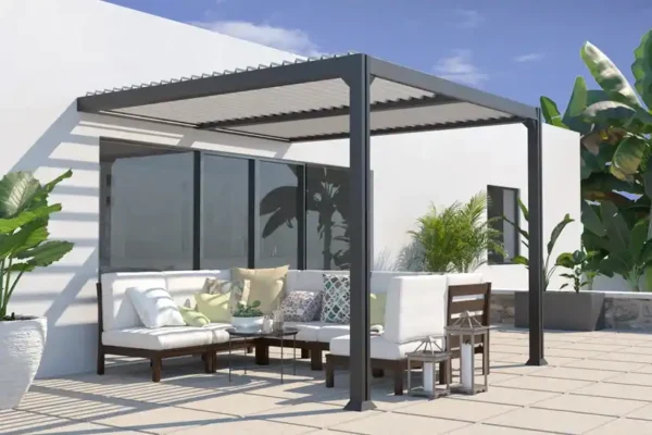 Pergola aluminium 3x3 adossée bioclimatique toit plat MIAMI - Couleurs du monde (ambiance)