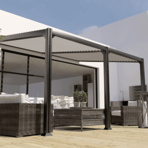 Pergola aluminium 4x3 bioclimatique adossée MELBOURNE - Couleurs du monde (Ambiance)