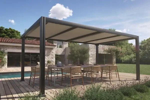 Pergola autoportée aluminium bioclimatique 3.5x5 dbles pieds AUSTIN - Couleurs du monde