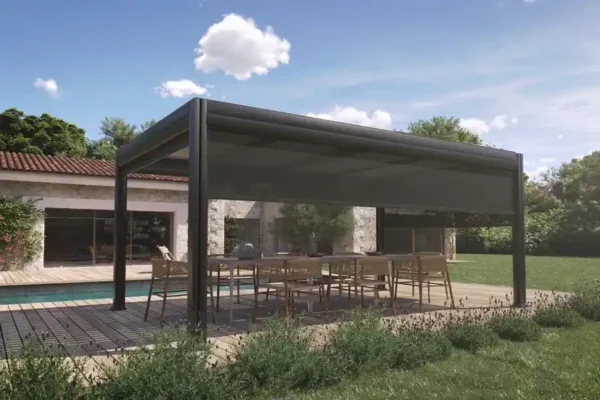 Pergola autoportée aluminium bioclimatique 3.5x5 dbles pieds AUSTIN - Couleurs du monde (option rideau)