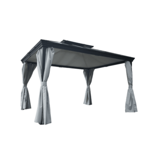 Pergola avec rideaux et toile de toit autoportante aluminium 3x3.6M OPALE - Couleurs du monde (détouré)