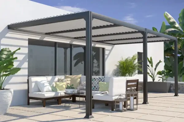 Pergola bioclimatique adossée 6x3 toit incliné aluminium SEATTLE - Couleurs du monde (Ambiance 1)