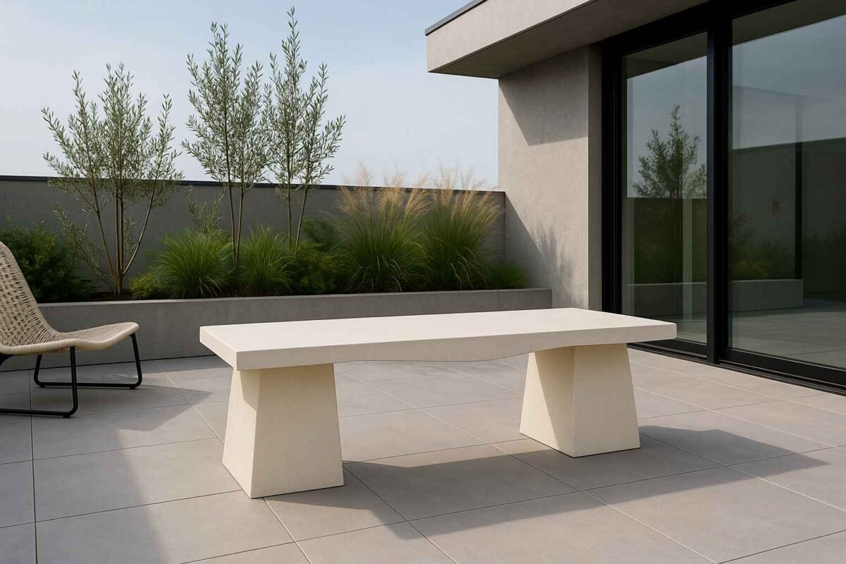 Banc extérieur moderne béton blanc 138x50 cm (Mise en situation générée par IA à titre indicatif - visuel non contractuel)