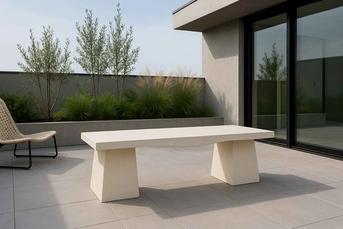 Banc extérieur moderne béton blanc 138x50 cm 1 Banc extérieur moderne béton blanc 138x50 cm (Mise en situation générée par IA à titre indicatif - visuel non contractuel)