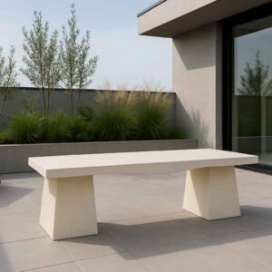 Banc extérieur moderne béton blanc 138x50 cm (Mise en situation générée par IA à titre indicatif - visuel non contractuel)