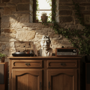 Buste caricature Serge Gainsbourg en pierre ton vieilli 31 cm posé sur un meuble vinyle en bois (Visuel non contractuel - Mise en situation générée à titre indicatif)