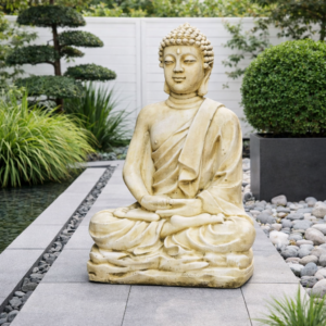 Statue Bouddha Kadampa ton vieilli 96 cm - Visuel de la statue mise en situation dans un jardin contemporain