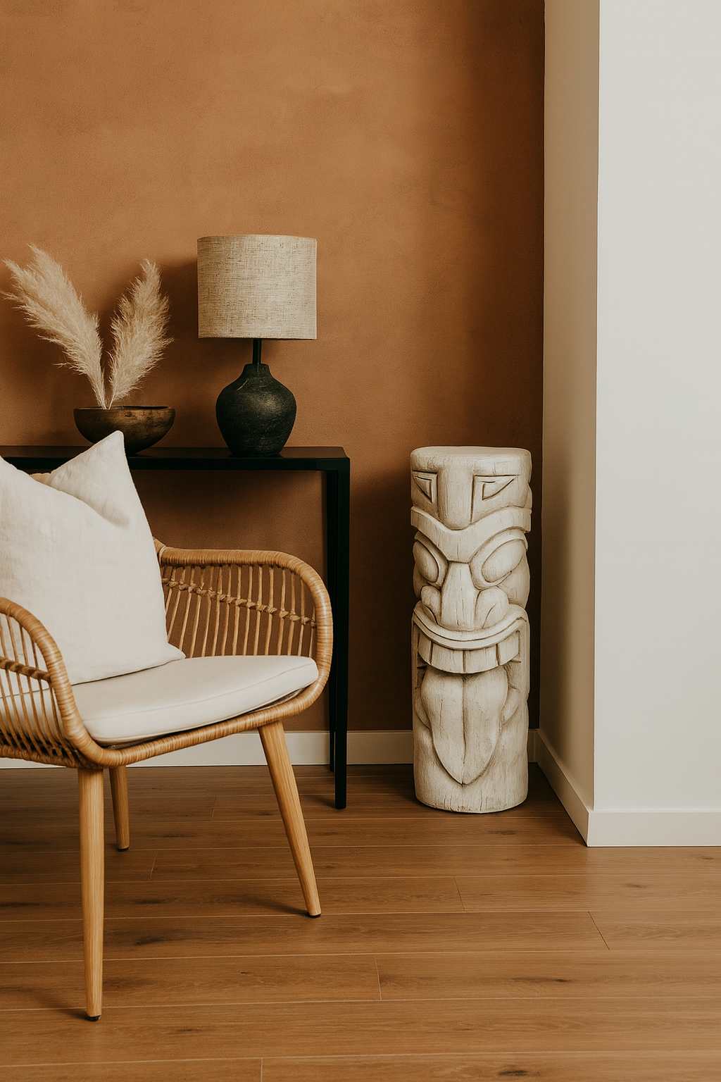 Statue Maori totem Tiki ton vieilli 51 cm 1 Statue Maori totem Tiki ton vieilli 51 cm - La statue Tiki s'adapte aussi bien en intérieur qu'en extérieur. Elle est ici représentée posée au sol dans l'angle d'un salon. (Mise en situation générée à titre indicatif - Visuel non contractuel)