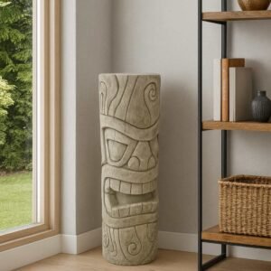 Statue Maori totem Tiki ton vieilli 80 cm - La statue est posée en intérieur à côté d'une baie, la luminosité naturelle la mettant en valeur (Visuel non contractuel - Mise en situation générée à titre indicatif)