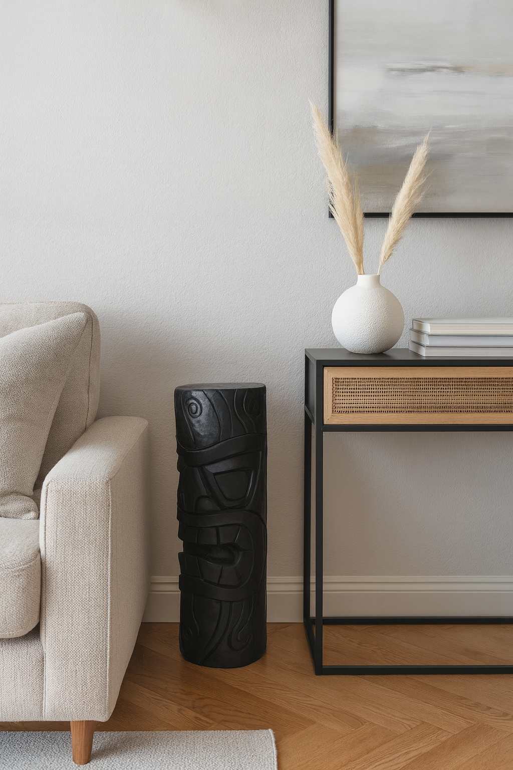 Statue Tiki totem Maori ton ciré noir 80 cm 2 Statue Tiki totem Maori ton ciré noir 80 cm -La statue est posée au sol dans un salon à côté d'un canapé (Visuel non contractuel - Mise en situation générée à titre indicatif)