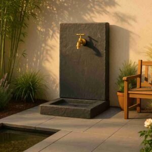 Fontaine extérieure de jardin aspect ardoise ton noir 64 cm, (Mise en situation générée par IA à titre indicatif - visuel non contractuel)