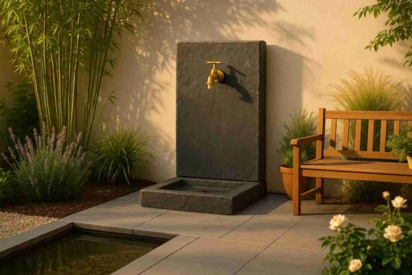 Fontaine aspect ardoise ton noir 64 cm 1 Fontaine extérieure de jardin aspect ardoise ton noir 64 cm, (Mise en situation générée par IA à titre indicatif - visuel non contractuel)