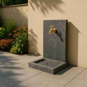 Fontaine de jardin en pierre aspect ardoise ton noir 74 cm (Mise en situation générée par IA à titre indicatif - visuel non contractuel)