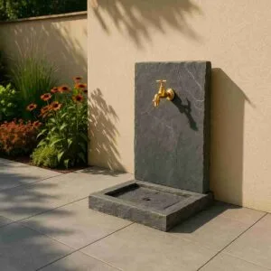 Fontaine de jardin en pierre aspect ardoise ton noir 74 cm (Mise en situation générée par IA à titre indicatif - visuel non contractuel)