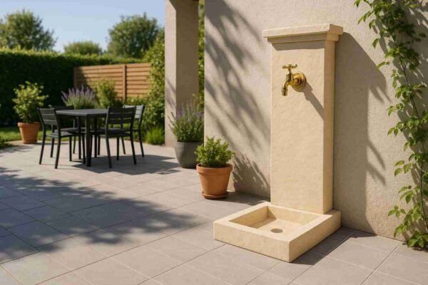 Fontaine borne Provençale aspect schiste ton pierre 82.5 cm (Mise en situation générée par IA à titre indicatif - visuel non contractuel)