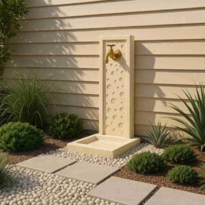 Fontaine moderne murale Bubble ton pierre 70 cm, (Mise en situation générée par IA à titre indicatif - visuel non contractuel)