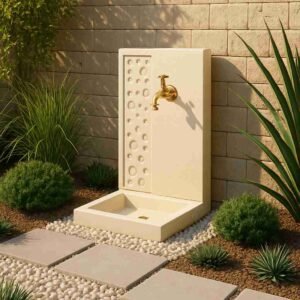 Fontaine murale bulle ton pierre 70 cm, (Mise en situation générée par IA à titre indicatif - visuel non contractuel)