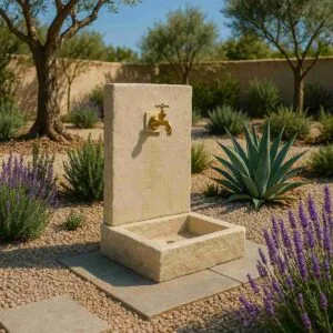 Fontaine pour jardin en pierre aspect ardoise ton pierre 64 cm; (Mise en situation générée par IA à titre indicatif - visuel non contractuel)