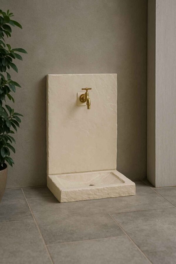 Fontaine aspect ardoise ton pierre 64 cm 1 Fontaine pour jardin en pierre aspect ardoise ton pierre 64 cm (Mise en situation générée par IA à titre indicatif - Visuel non contractuel)