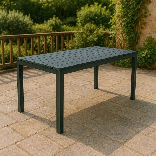 Table de jardin rectangulaire anthracite 140x80cm Sumatra (Mise en situation générée par IA à titre indicatif - visuel non contractuel)