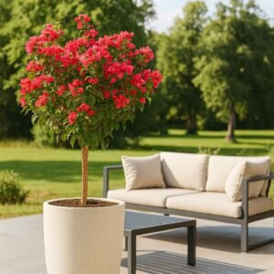 Vase extérieur haut béton pressé ton blanc Ø 40 cm (Mise en situation générée à titre indicatif - Visuel non contractuel - jardin)