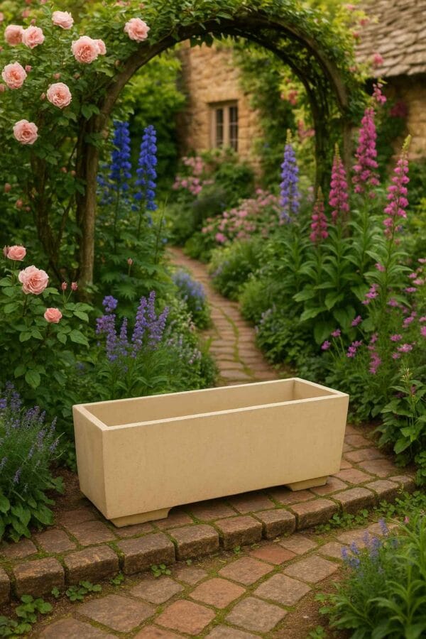 Jardinière en pierre reconstituée Paloma 78x28 cm (Mise en situation générée à titre indicatif - visuel non contractuel)