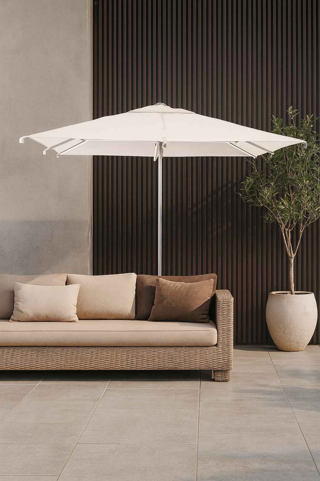 Parasol haut de gamme 2x2 M écru - Sunset 1 Parasol haut de gamme 2x2 M écru - Sunset (Mise en situation générée à titre indicatif - Visuel non contractuel)