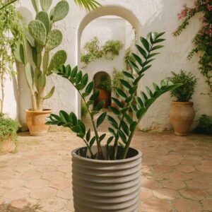 Pot de fleurs en pierre cannelé Nova Ø 36 cm ton anthracite (Mise en situation générée à titre indicatif - visuel non contractuel)