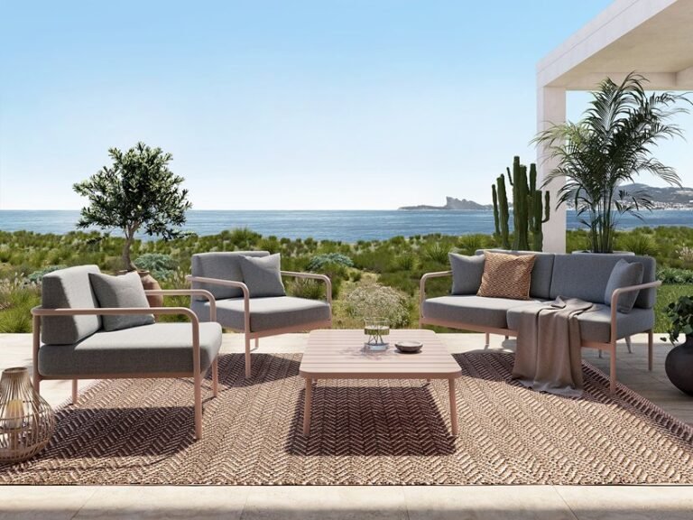 Salon de jardin en aluminium taupe havane haut de gamme - CANNES