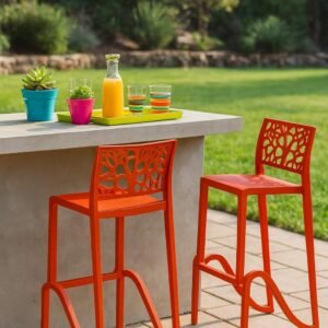 Tabouret extérieur rouge design haut 75 cm - Lot de 2 - Haka (Mise en situation générée par IA à titre indicatif - Visuel non contractuel)
