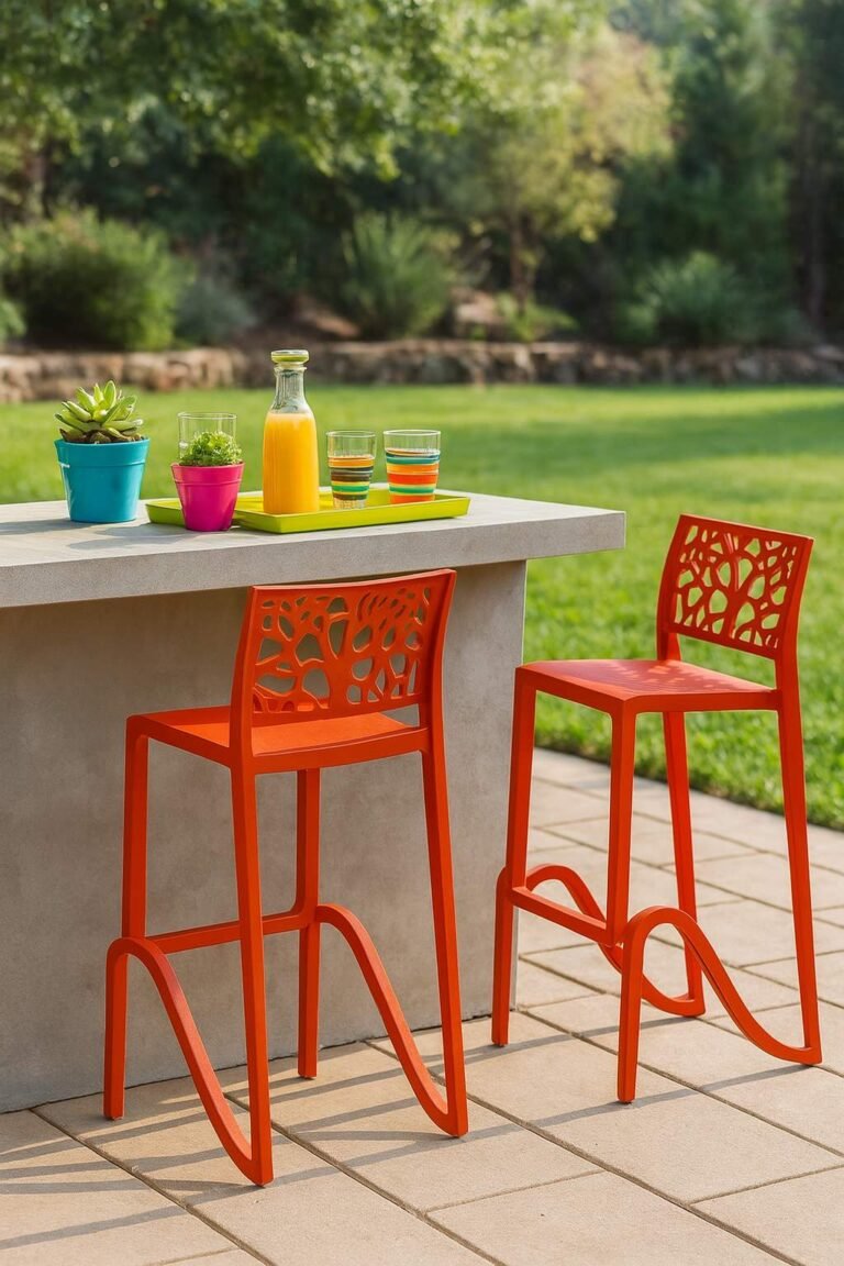 Tabouret extérieur rouge design haut 75 cm - Lot de 2 - Haka (Mise en situation générée par IA à titre indicatif - Visuel non contractuel)