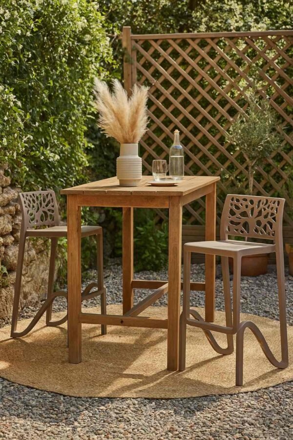 Tabouret de jardin taupe design haut 75 cm - Lot de 2 - Haka (Mise en situation générée par IA à titre indicatif - Visuel non contractuel)
