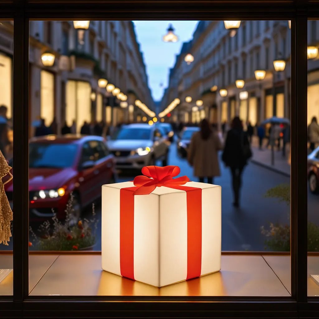 Cadeau lumineux led de Noël 40 cm disposé en vitrine pour les fêtes de fin d'année