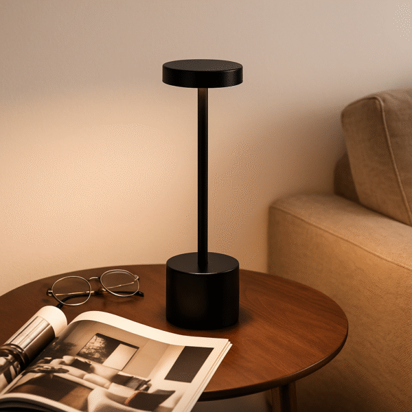 Lampe de table sans fil LED en métal noir sur une table, D0004.