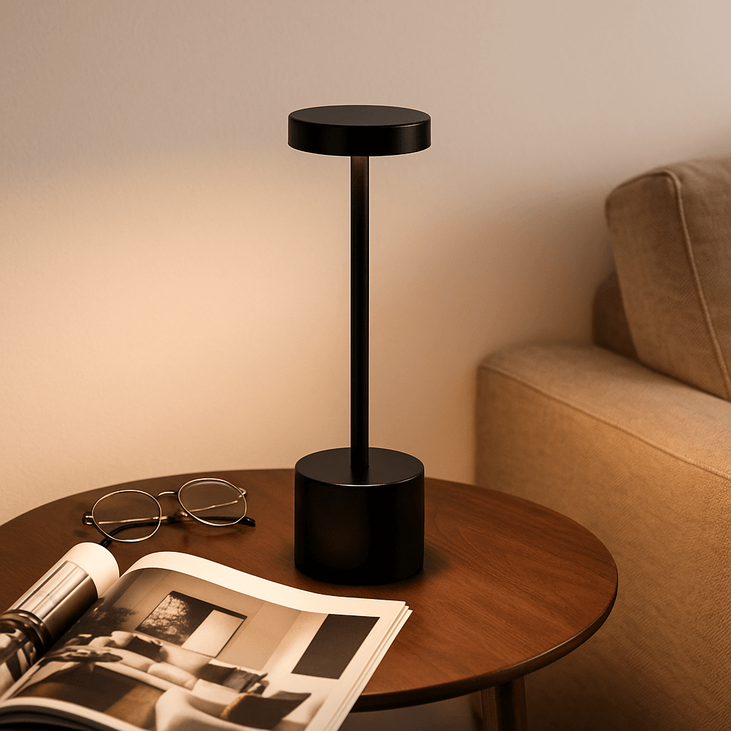 Lampe de table sans fil LED en métal noir sur une table, D0004.