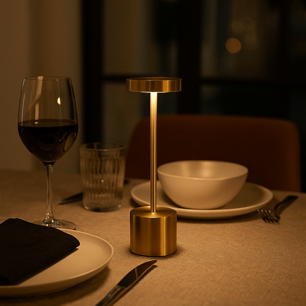 Lampe de table sans fil GOLD en situation, éclairage doux sur une table dressée, référence D0005