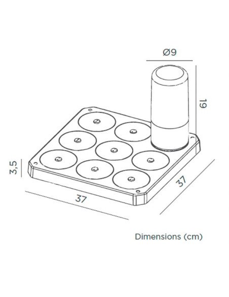Schéma des dimensions de la base de recharge D0108-BASE pour 9 lampes Maia