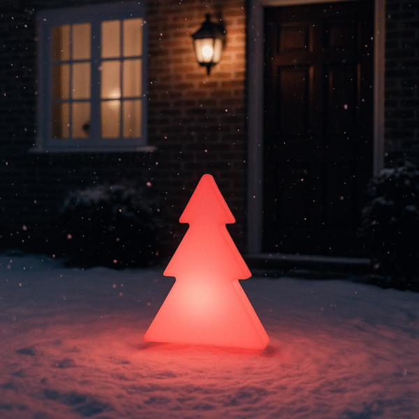 Sapin lumineux à led 40cm solaire devant une maison enneigée, référence D0115-40SB