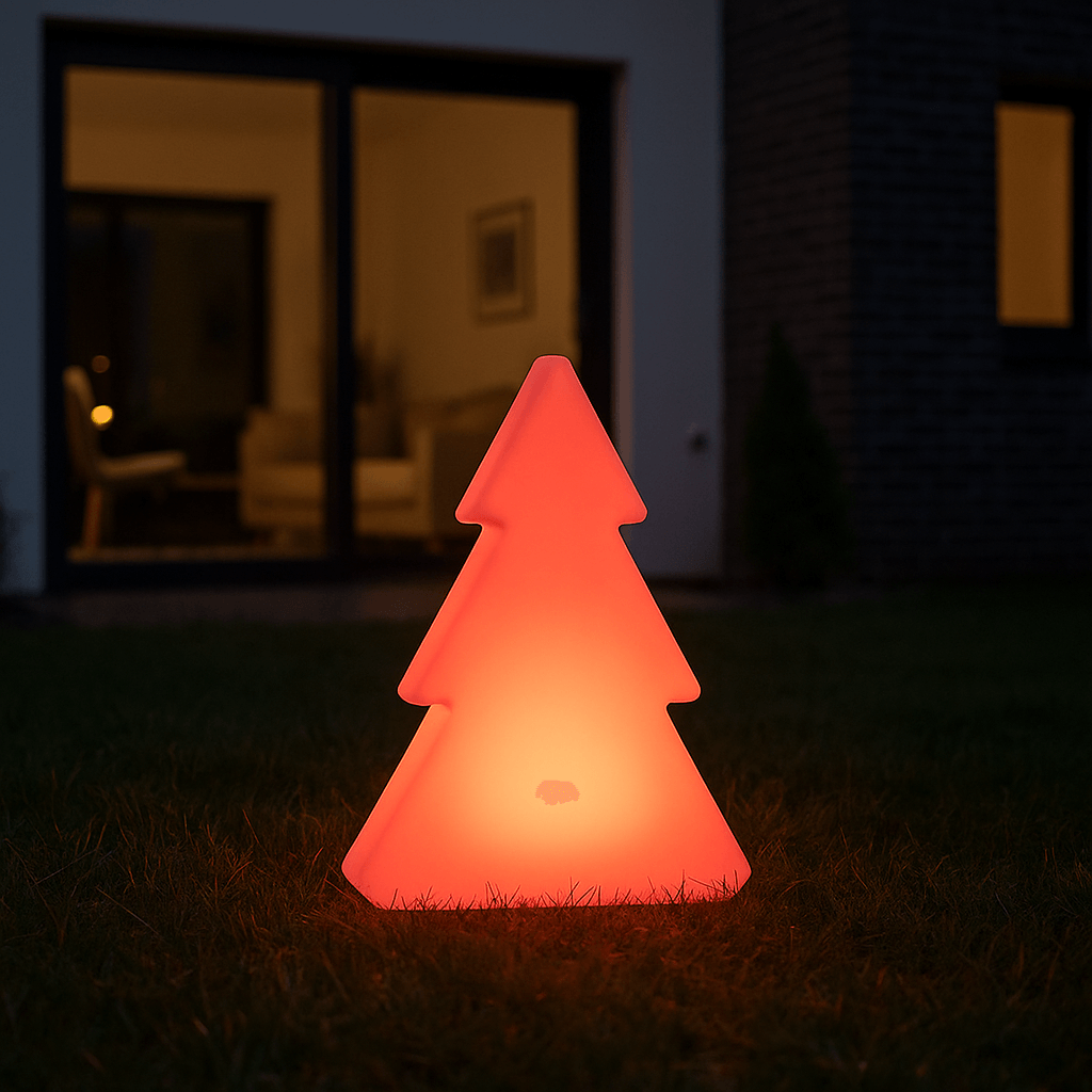 Principal sapin lumineux à LED D0115-40SB éclairé en rouge devant une maison.