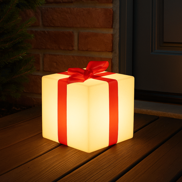 Cadeau led décoratif lumineux de NOEL 32cm avec ruban rouge, principal, solaire et rechargeable, usage intérieur et extérieur. Référence : D0116-32.