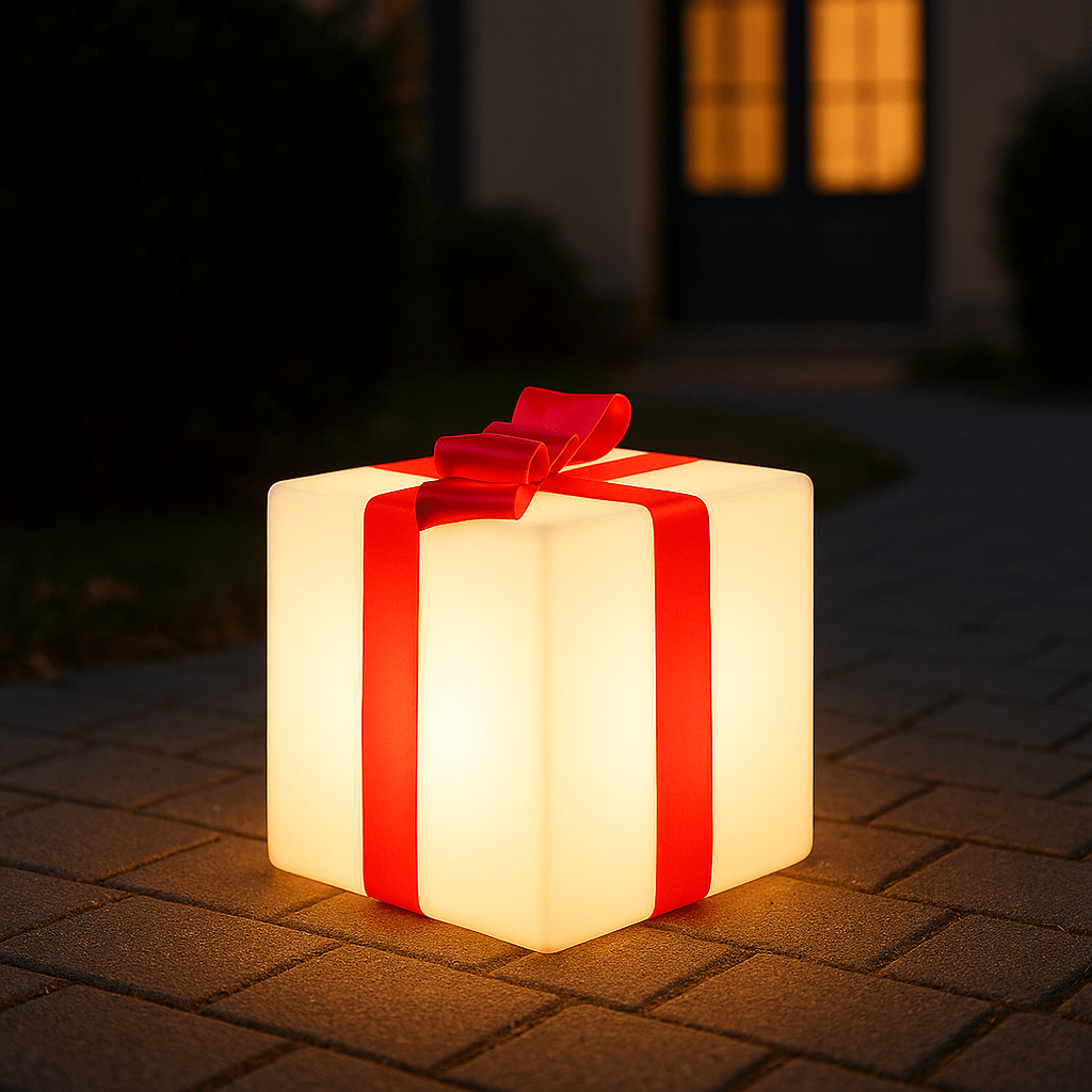 Cadeau lumineux led D0116-40, image principale montrant un cube lumineux avec ruban rouge.