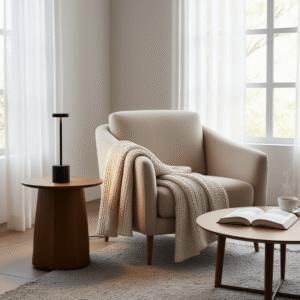 Lampe de table sans fil led en métal noir sur une petite table d'appoint