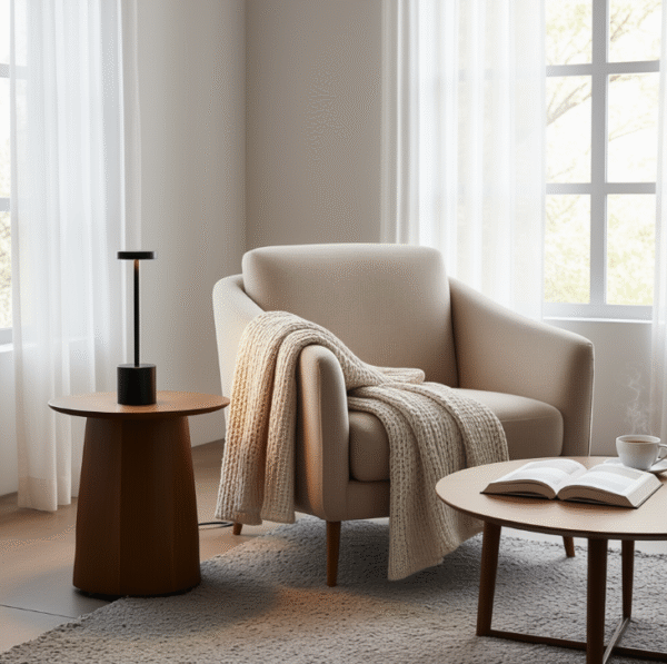 Lampe de table sans fil led en métal noir sur une petite table d'appoint