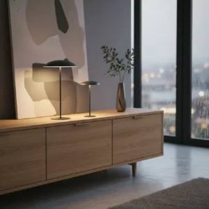 Lampe sans fil LED gris anthracite Sardaigne - Lot de 2 - élégant mise en avant sur un meuble bas dans une décoration intérieure contemporaine
