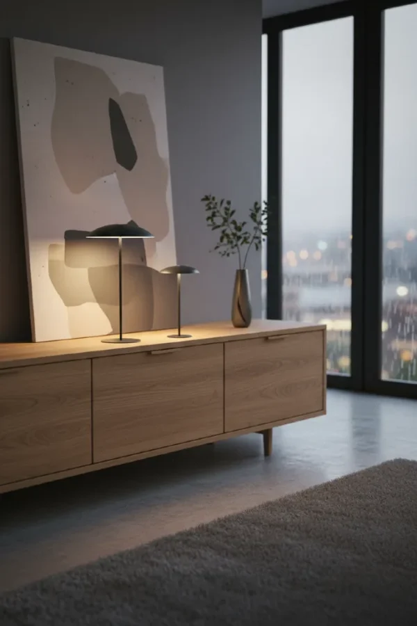 Lampe sans fil LED gris anthracite Sardaigne - Lot de 2 - élégant mise en avant sur un meuble bas dans une décoration intérieure contemporaine