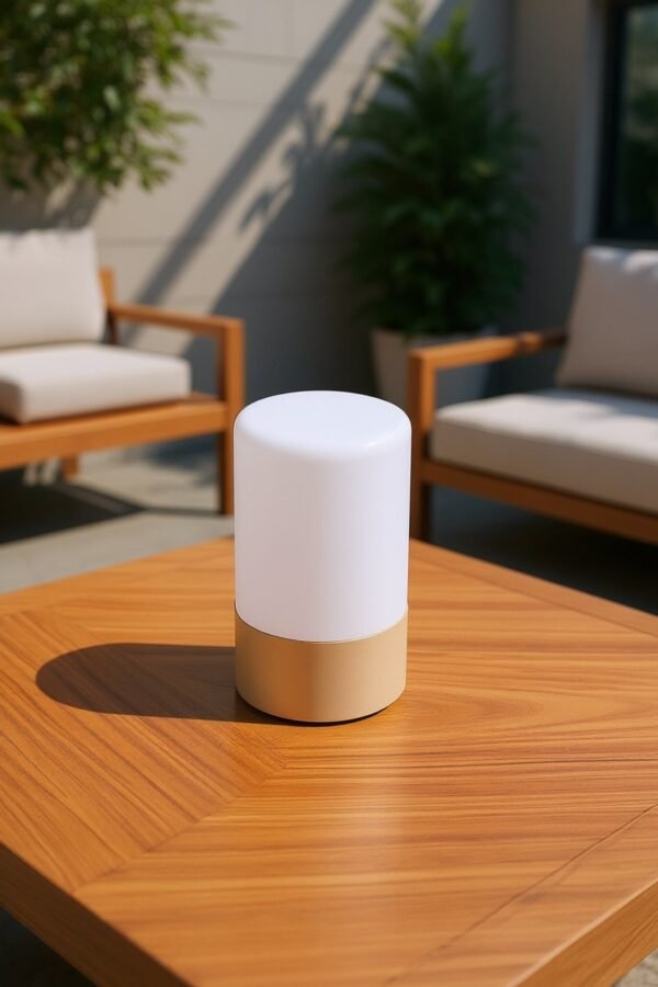 Lampe sans fil rechargeable LED int-ext Maia posée sur une table en bois en extérieur - Lot de 9