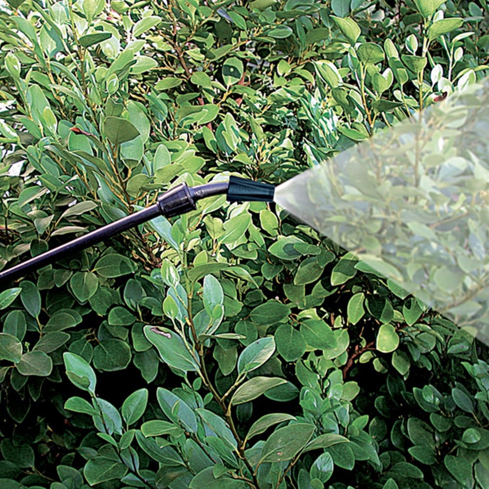 Détail d'utilisation du pulvérisateur à pression préalable Pulpro4 avec lance fibre de verre en action sur végétation. Illustration du jet réglable. Référence produit PRP039P